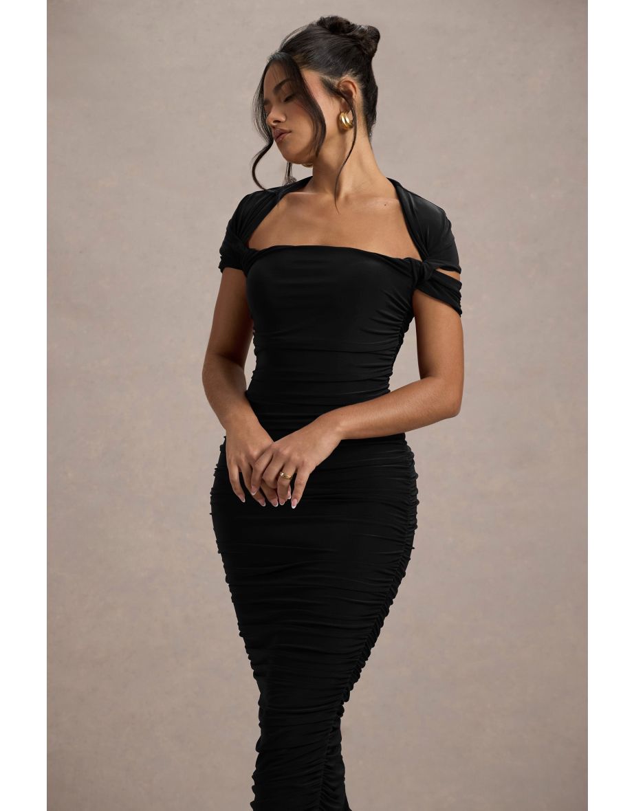 Paxos | Black Ruched Short-Sleeve Midi Dress - 6