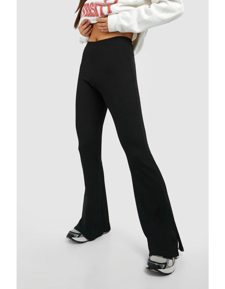 Ribbed Split Front Leggings - black - 3