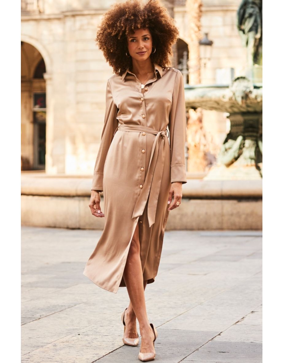 Camel Satin Belted Midi Shirt Dress