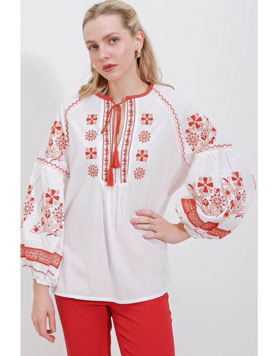 Women's White Orange Embroidered Linen Blouse