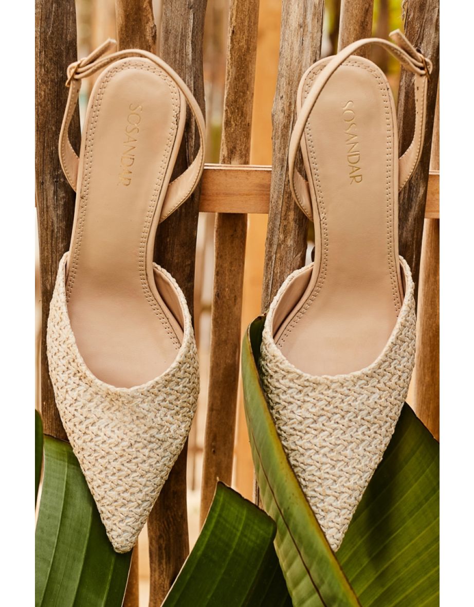 Natural Raffia Flared Heel Slingback Court Shoe*