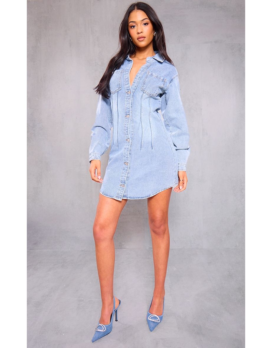 Tall Mid Blue Wash Denim Oversized Shirt Dress
