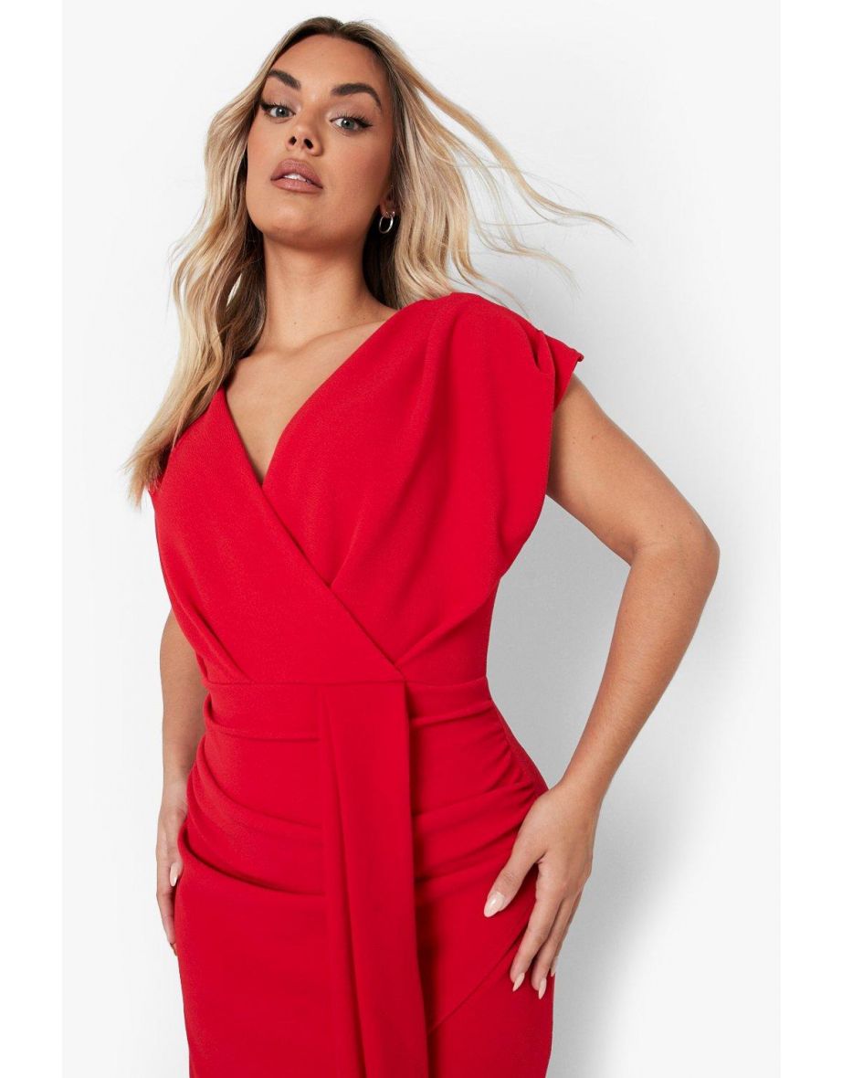 Plus Bardot Wrap Front Belted Midi Dress - red - 3