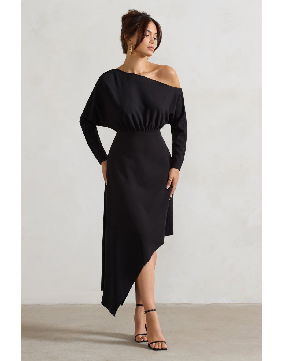 Lori | Black Asymmetric Long-Sleeve Maxi Dress - 4