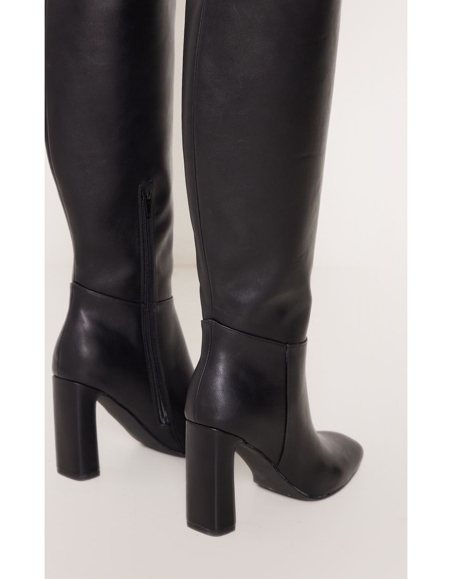 Black Pu Square Toe Knee High Zip Block High Heel Boots - 3