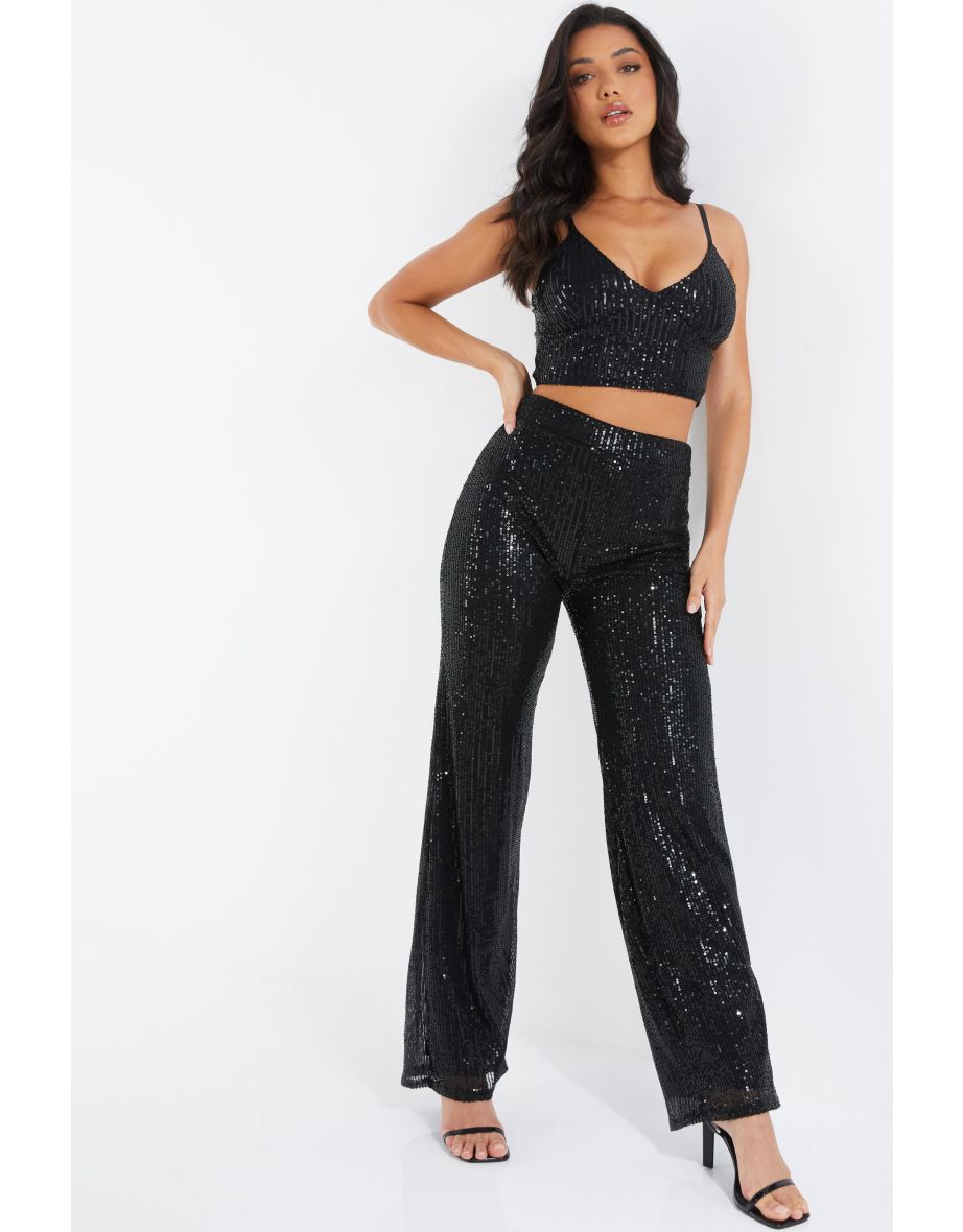 Shop Black Sequin High Waist Palazzo Trousers Online in Qatar VogaCloset