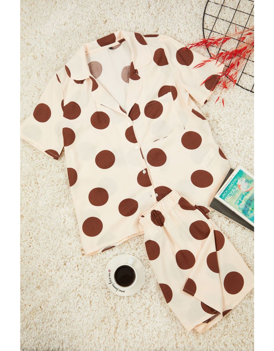 Beige Polka Dot Poplin Woven Pajama Set - 5