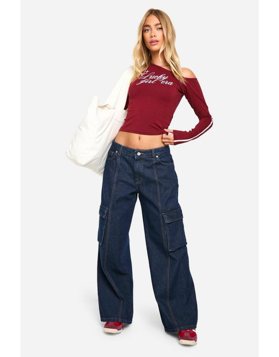 OFF SHOULDER STRIPE SLEEVE TOP WITH PRINT - burgundy