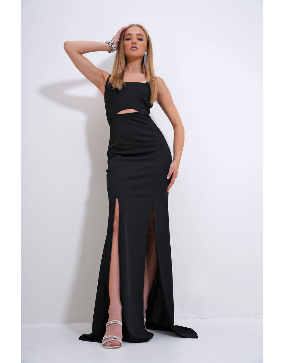 Women's Black Adjustable Strap Out Cut Slit Graduation Dress