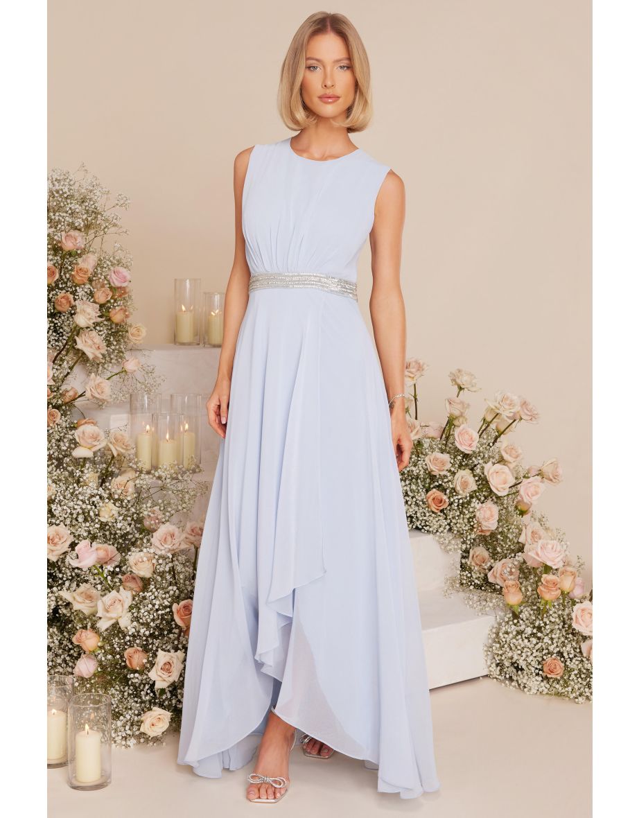 Blue Chiffon Dip Hem Maxi Dress