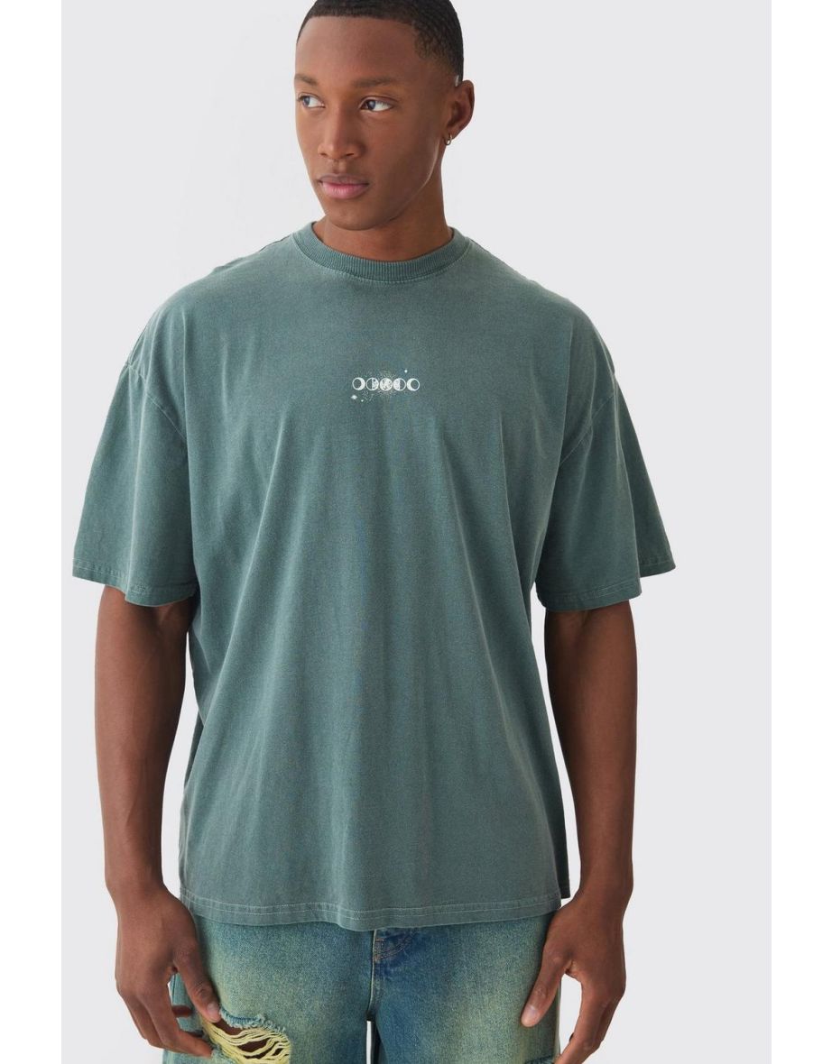 Oversized Washed L 'Eclipse Stencil Print T-shirt - khaki