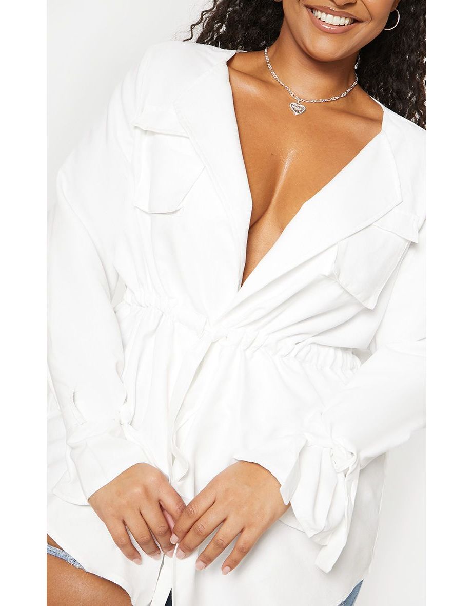 Plus White Faux Suede Cargo Ruched Waist Shirt - 4