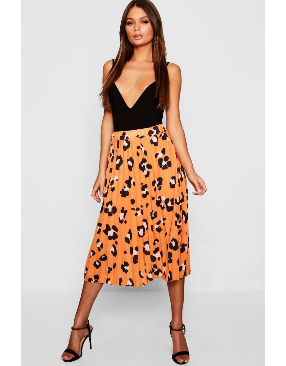 Pleated Leopard Print Midi Skirt - orange