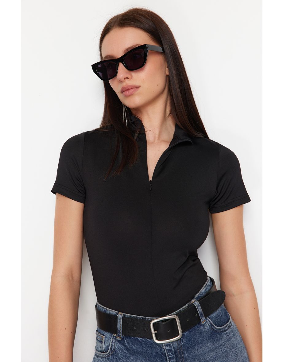 Black Fitted/Sticky Zipper Collar Short Sleeve Stretch Knitted Blouse