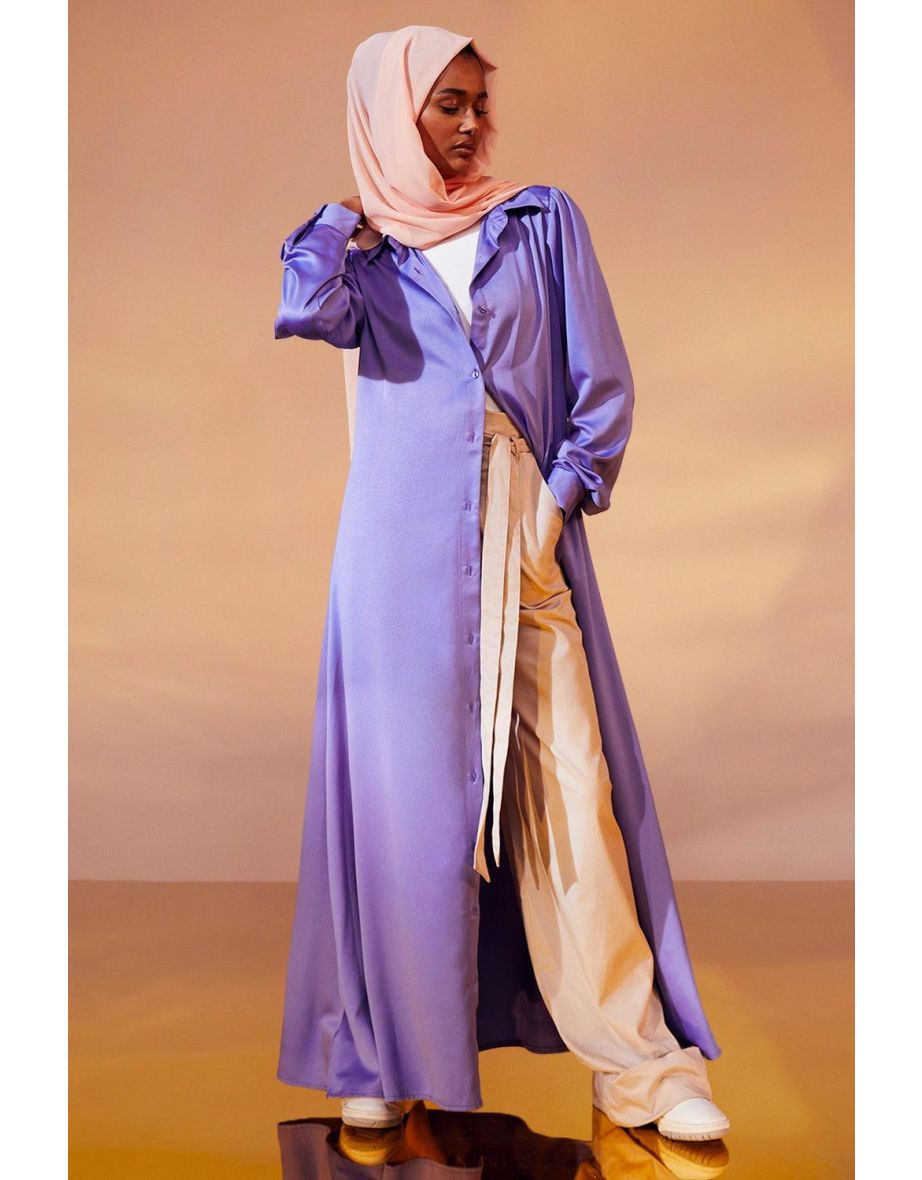 Satin Long Line Maxi Shirt - lilac