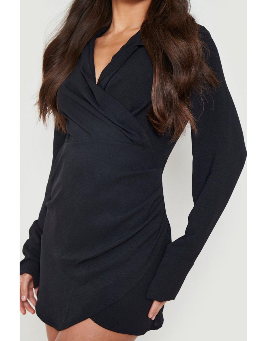 Tall Wrap Detail Ruched Mini Shirt Dress - black - 3