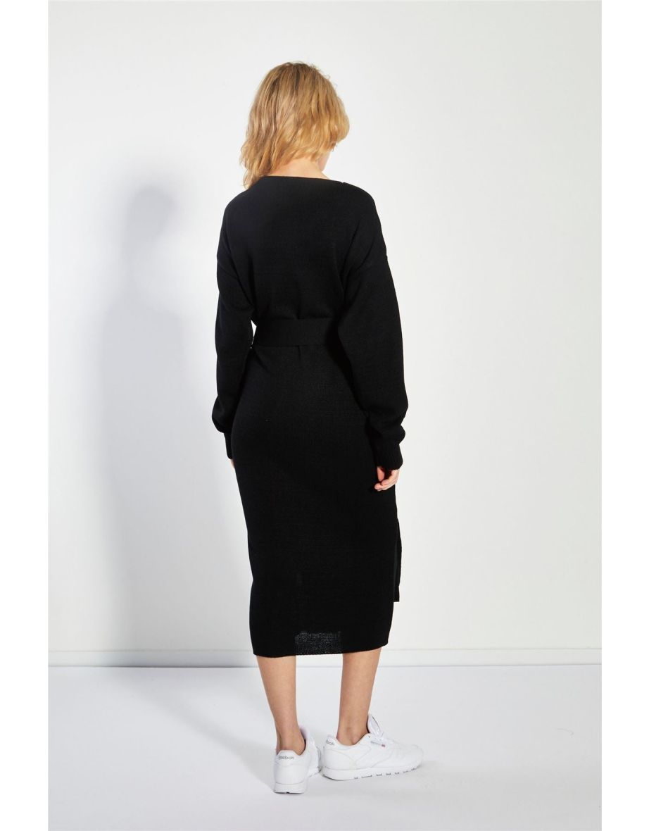 Glamorous Black Column Midaxi Wrap Dress with Long Sleeves - 7