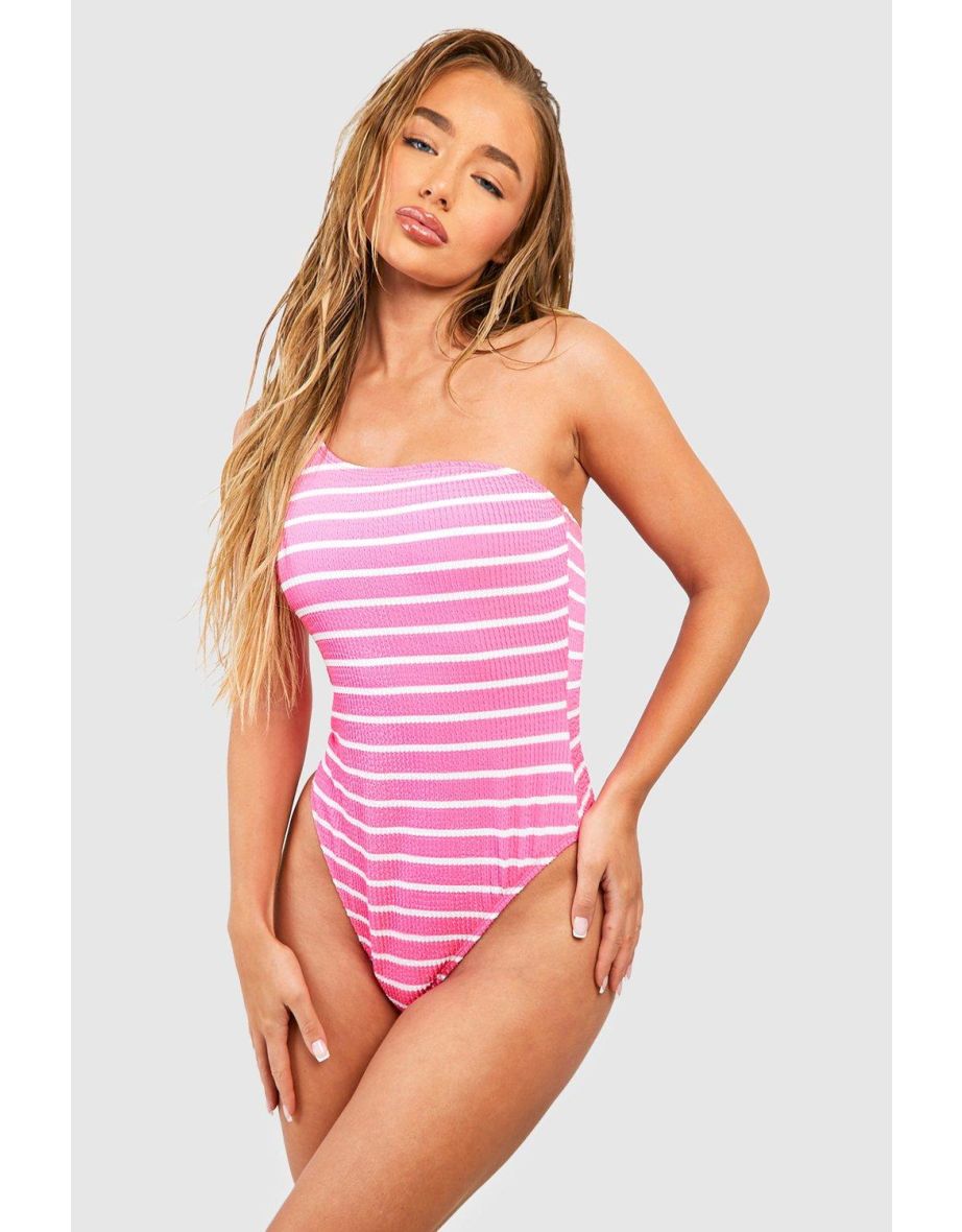 Stripe Crinkle One Shoulder Swimsuit - pink
