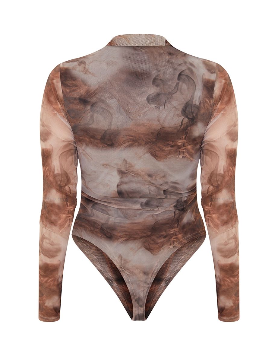 Shape Brown Smoke Print Mesh Ruched High Neck Bodysuit - 4