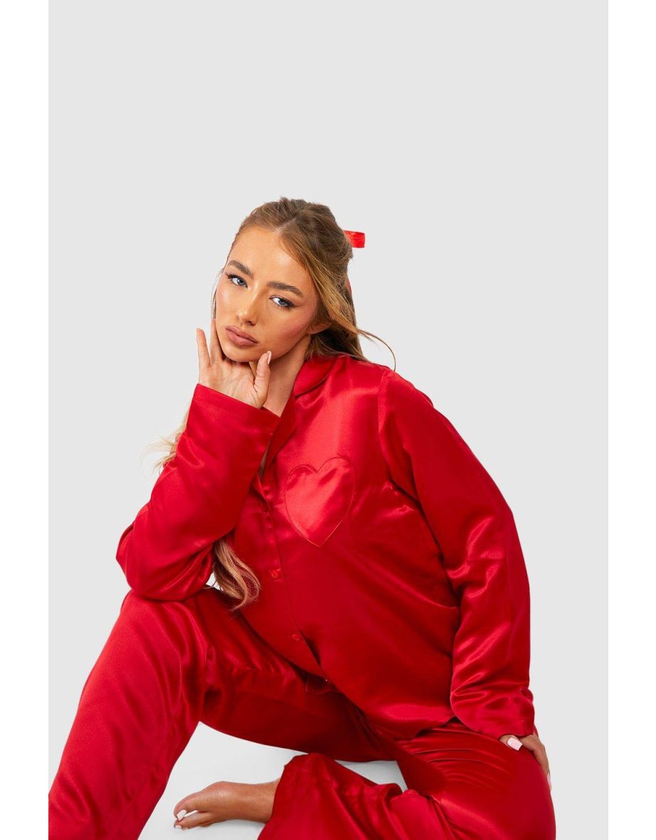 Heart Detail Pocket Button Front Pyjamas - red - 3