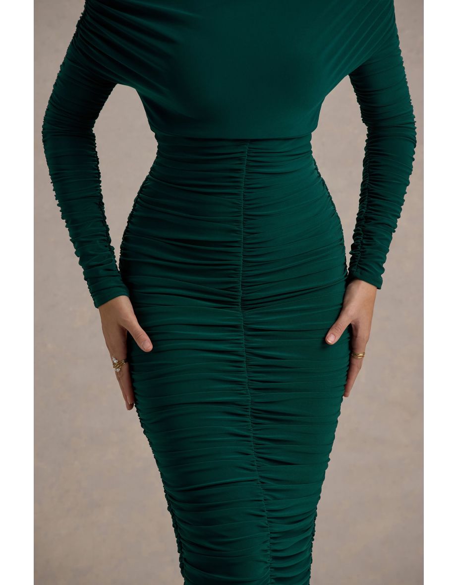 Sinclair | Bottle Green Ruched One-Shoulder Bodycon Midi Dress - 6