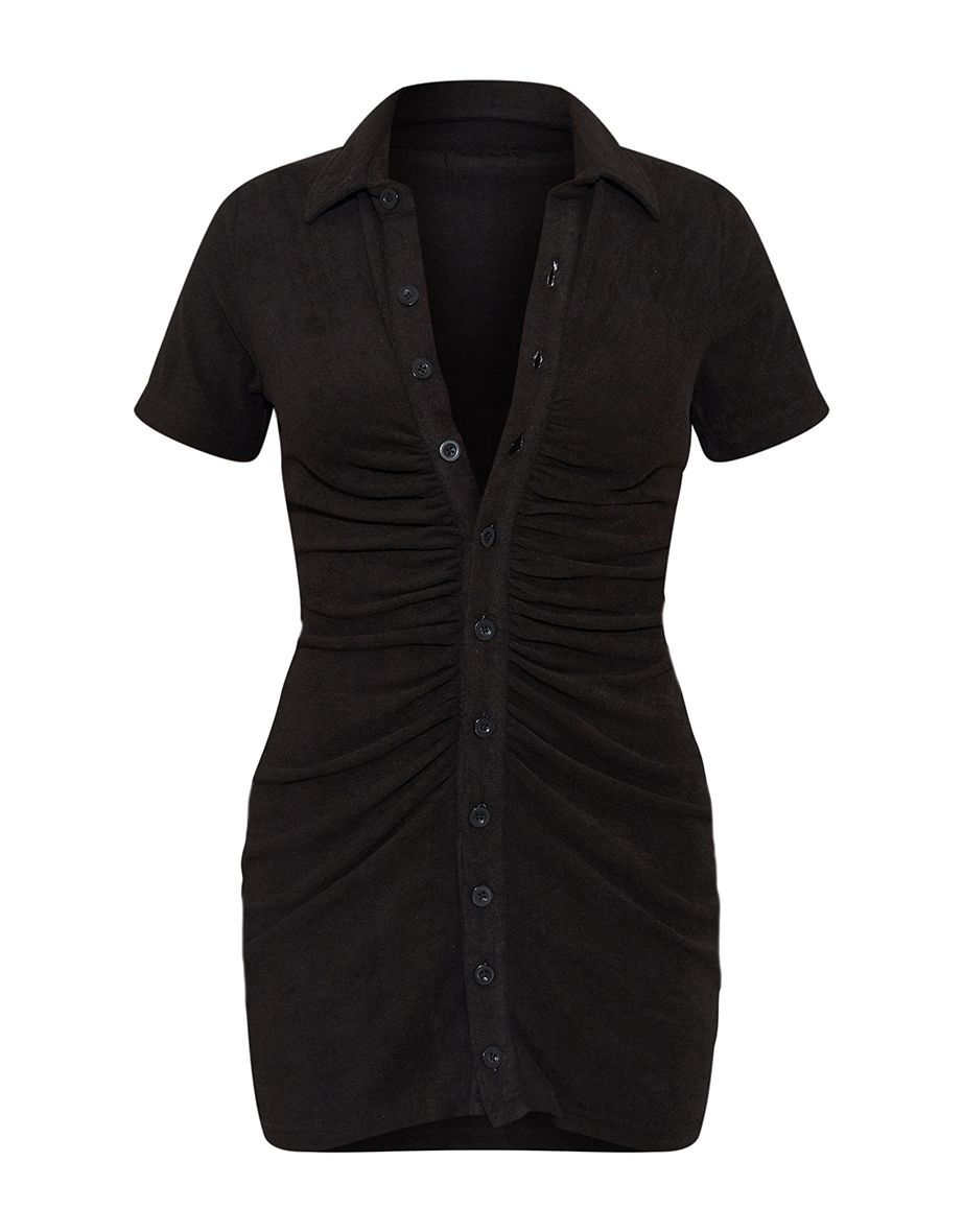 Black Ruched Button Down Collar Detail Towelling Bodycon Dress - 4