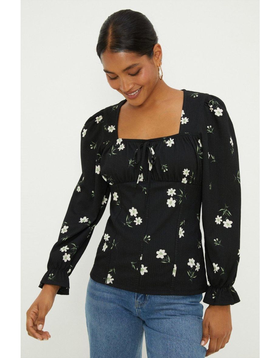 Floral Shirred Cuff Textured Long Sleeve Top