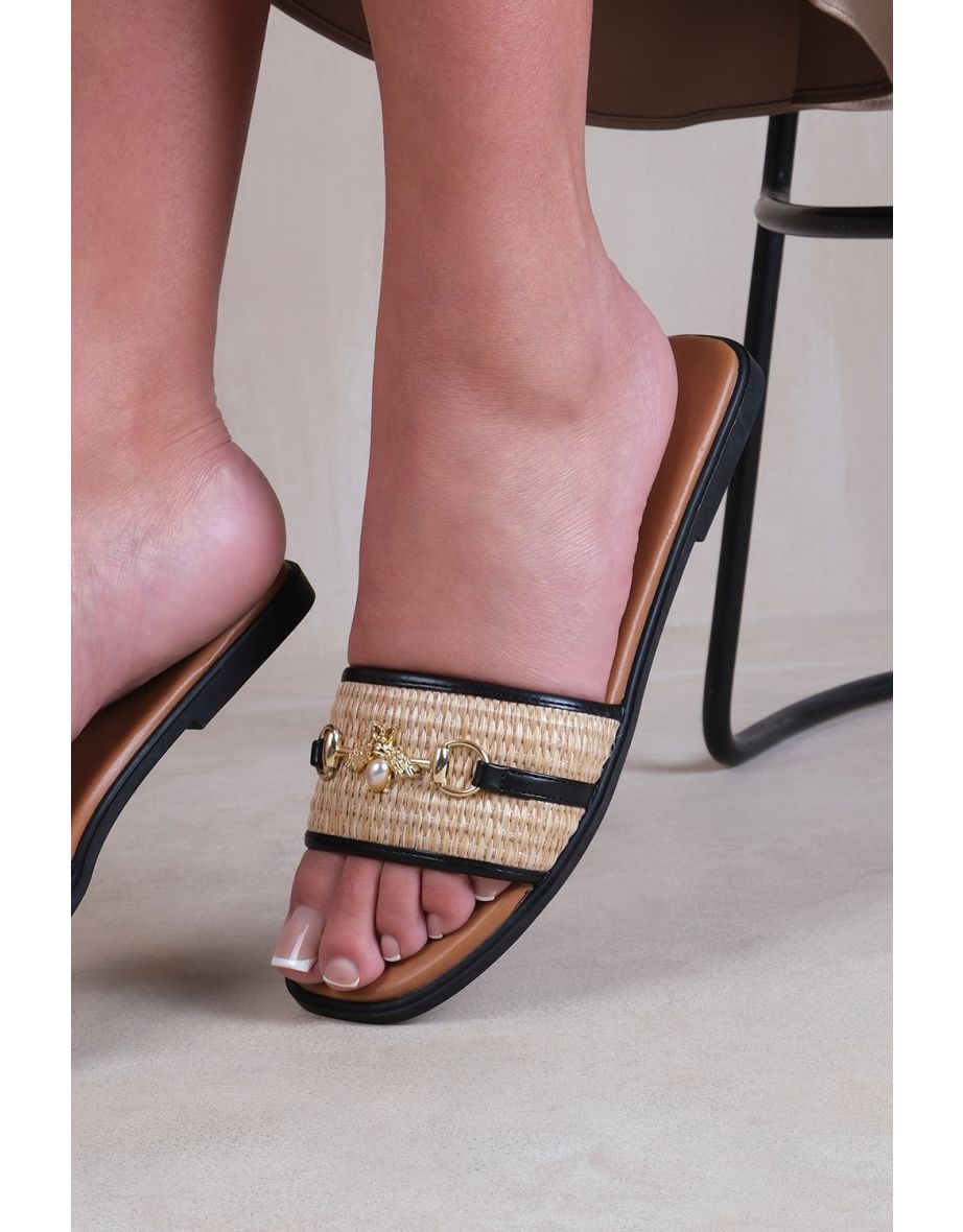 HARMONY PU STRAW DETAIL STRAP SANDALS IN BLACK FAUX LEATHER - 2