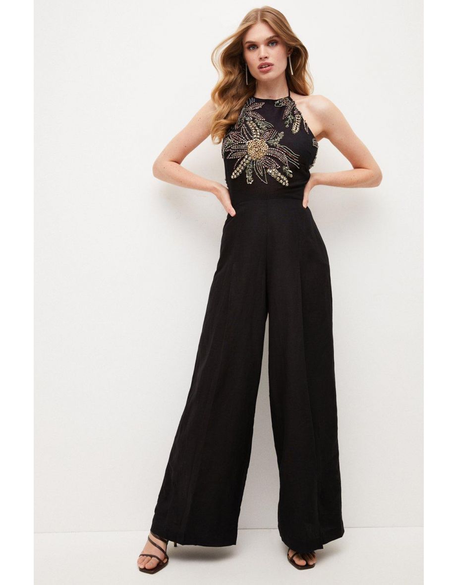 Crystal Embellished Linen Twill Jumpsuit