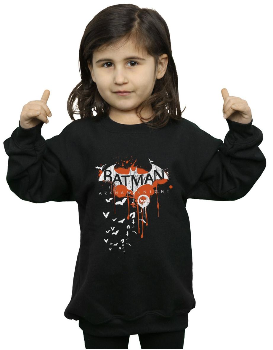 DC Comics Girls Batman Arkham Knight Halloween Logo Art Sweatshirt - Black
