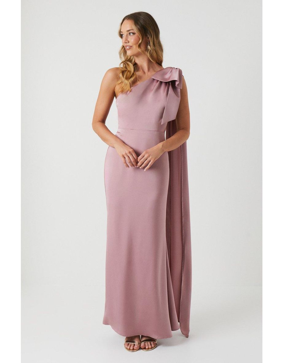 Bow And Drape Detail One Shoulder Satin Bridesmaids Dress