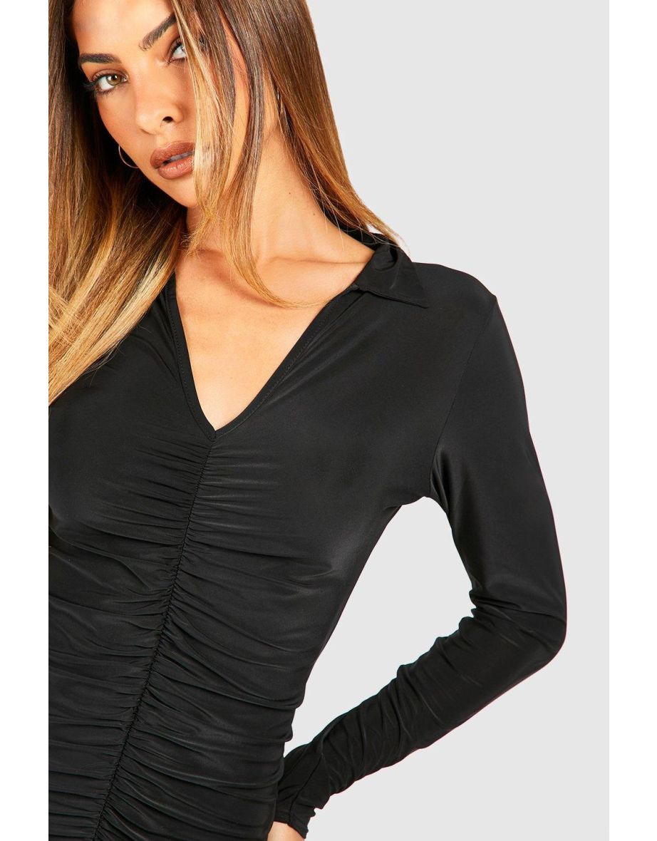 Slinky Ruched Shirt Dress - black - 3
