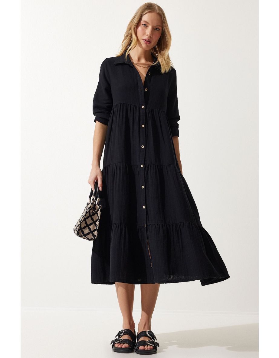 Women's Black Muslin Flared Shirt Dress