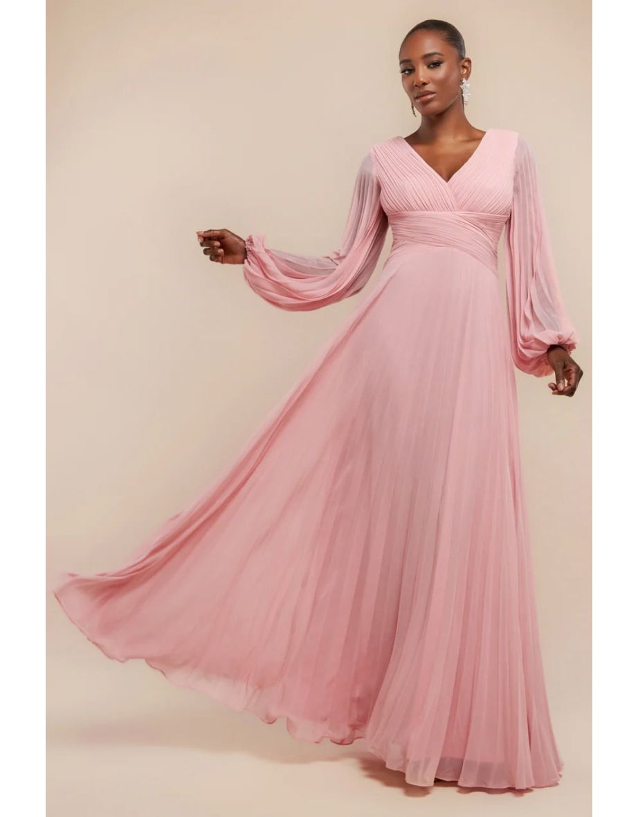 Goddiva Balloon Sleeve Chiffon Maxi Dress - Blush Pink