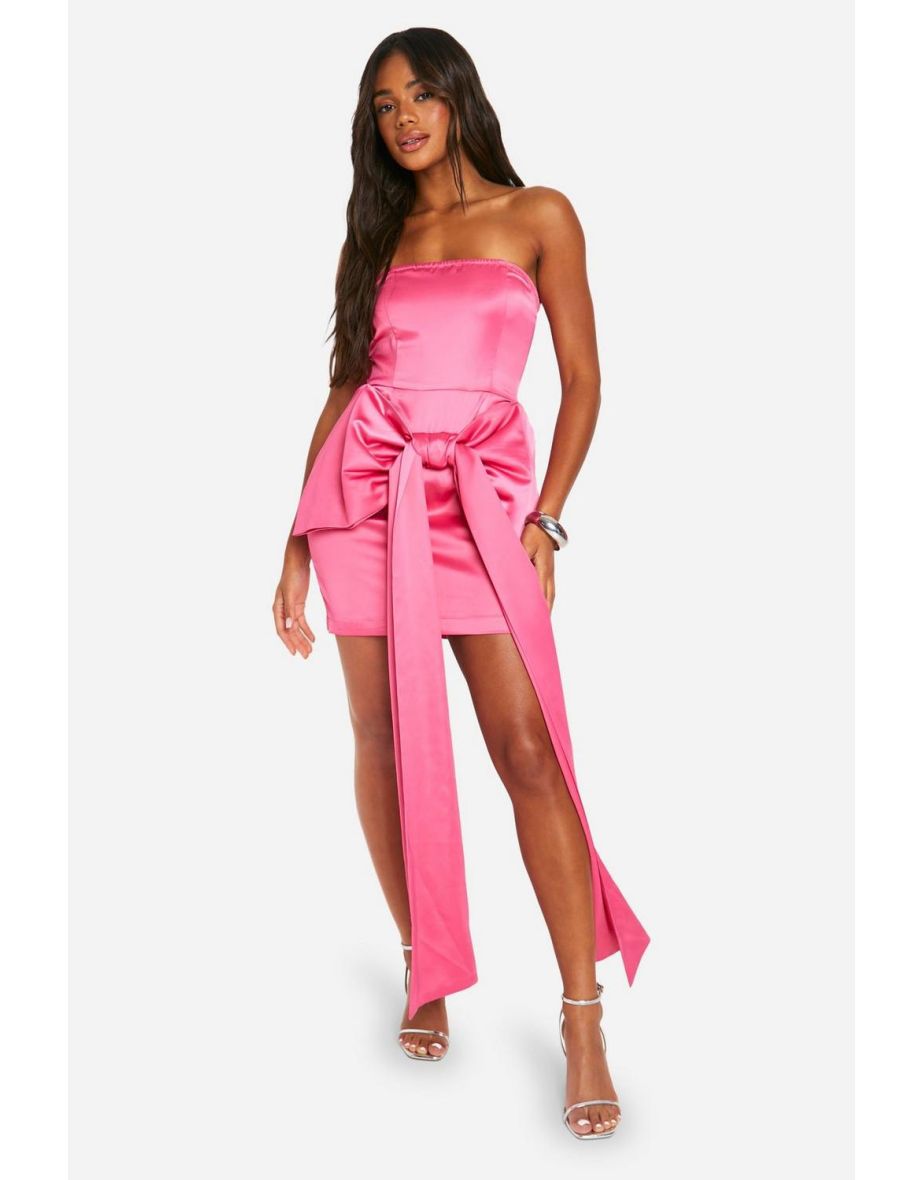 Shop Premium Structured Bow Draped Satin Bandeau Mini Dress hot pink Online in Oman VogaCloset