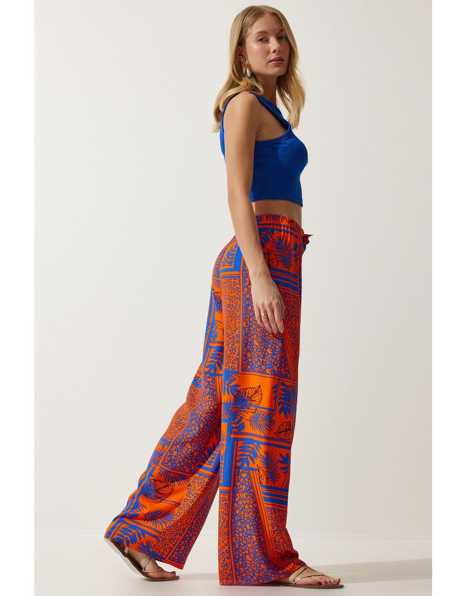 Women's Orange Patterned Flowing Viscose Palazzo Trousers - 7