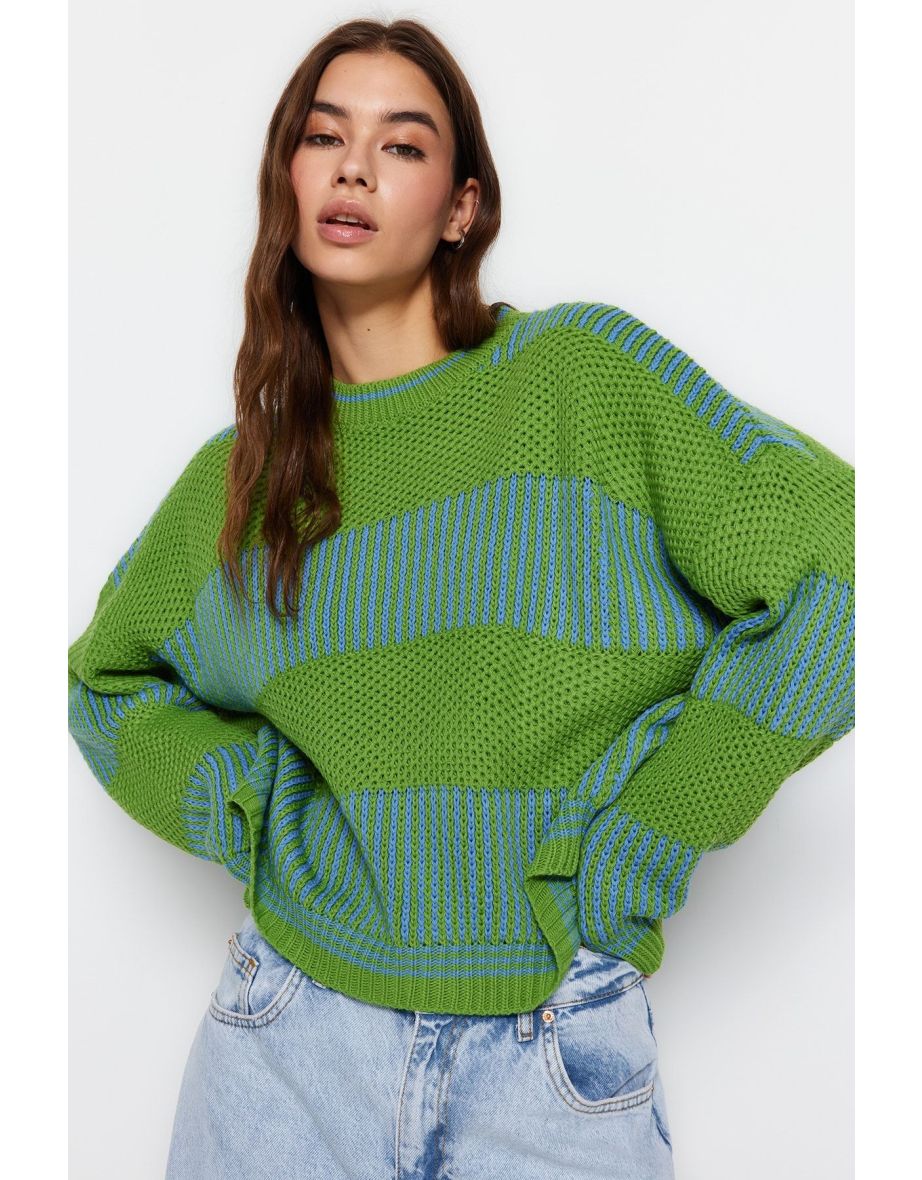 Light Green Color Block Knitwear Sweater