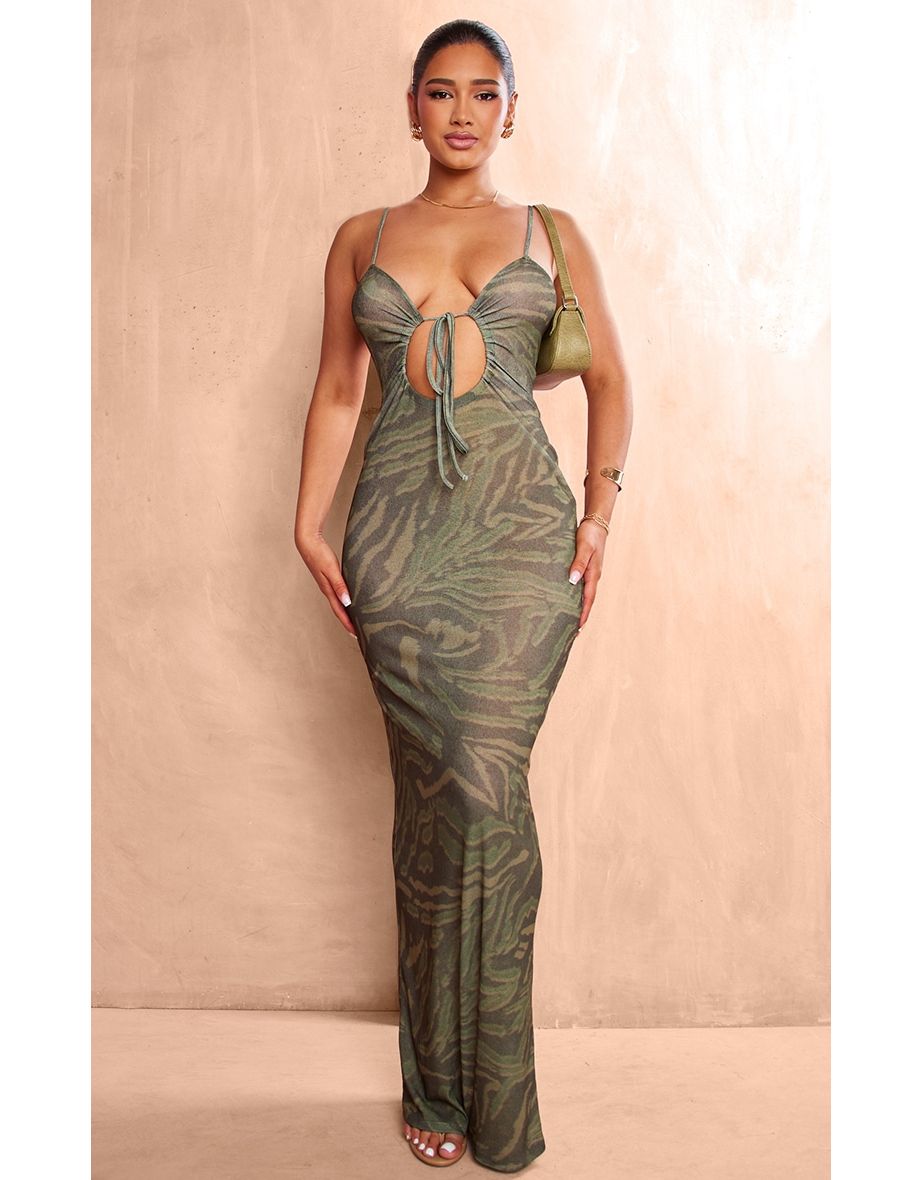 Shape Green Zebra Printed Sheer Mesh Cut Out Maxi Dress