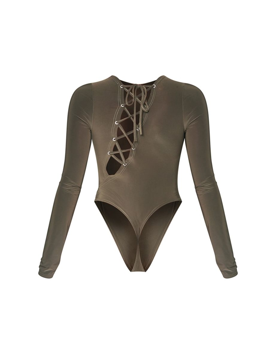 Khaki Slinky Lace Up Long Sleeve Bodysuit - 5