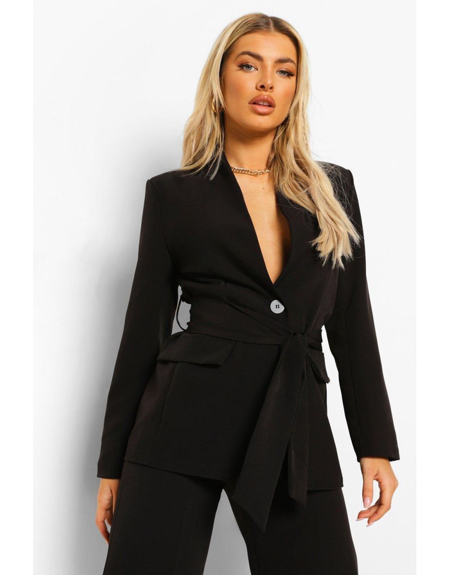 Tie Waist Longline Blazer - black