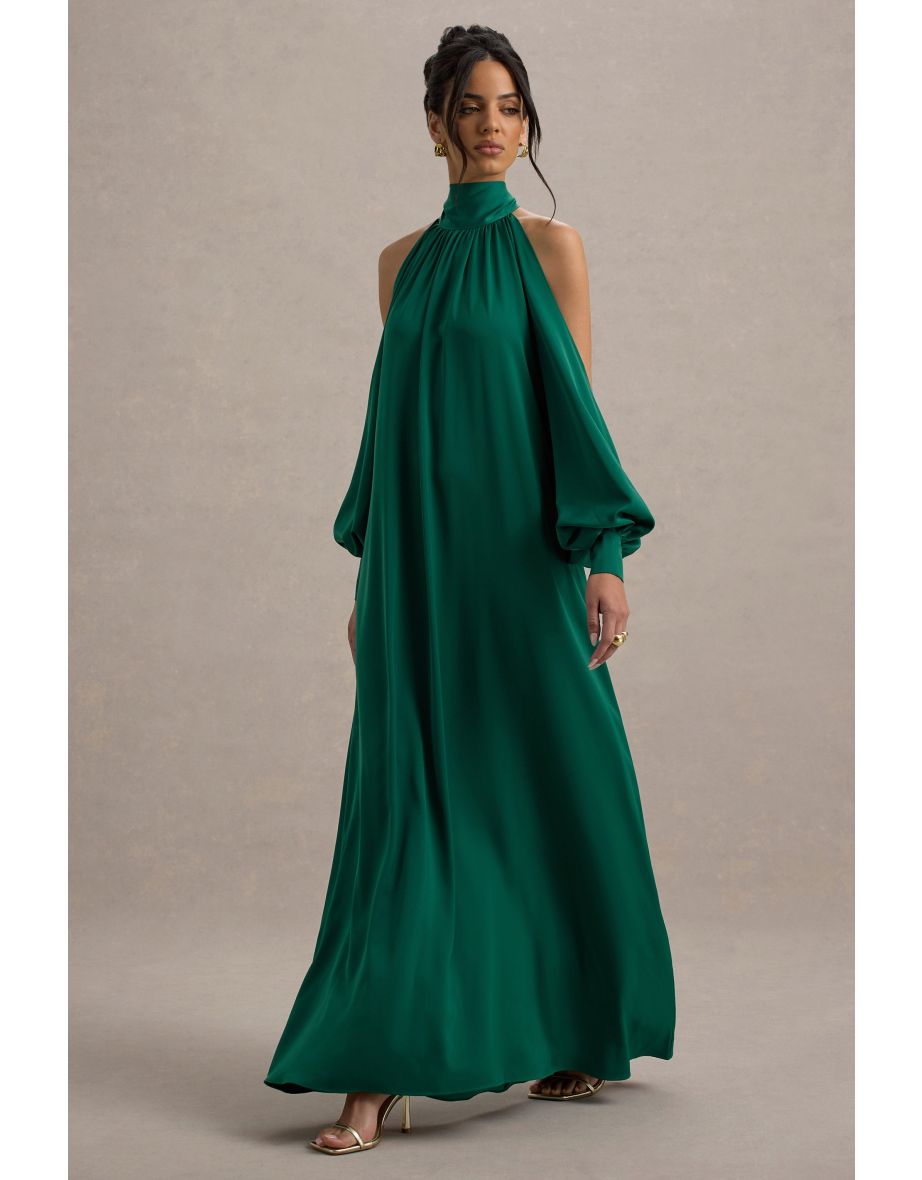 Baila | Bottle Green Satin High-Neck Cape-Sleeve Maxi Dress
