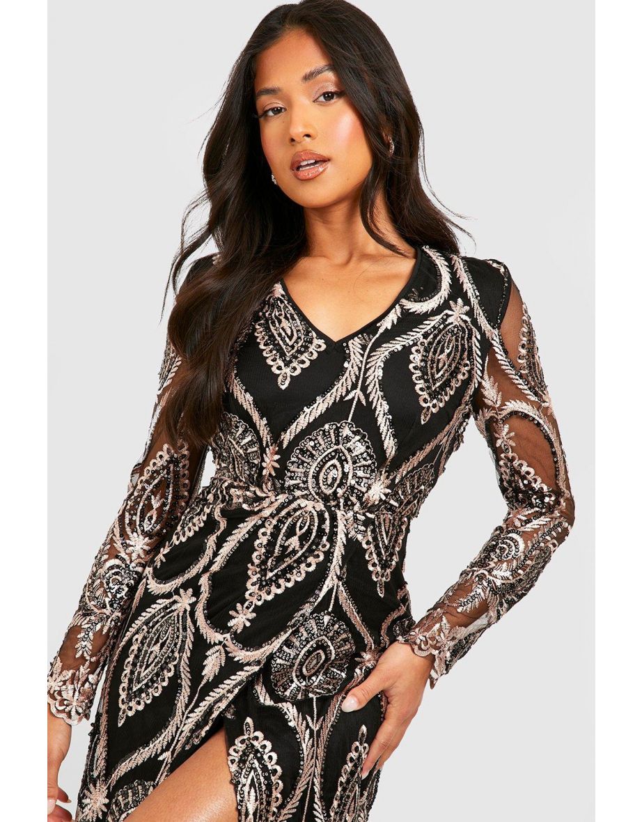 Petite Damask Sequin Wrap Maxi Dress - gold - 3