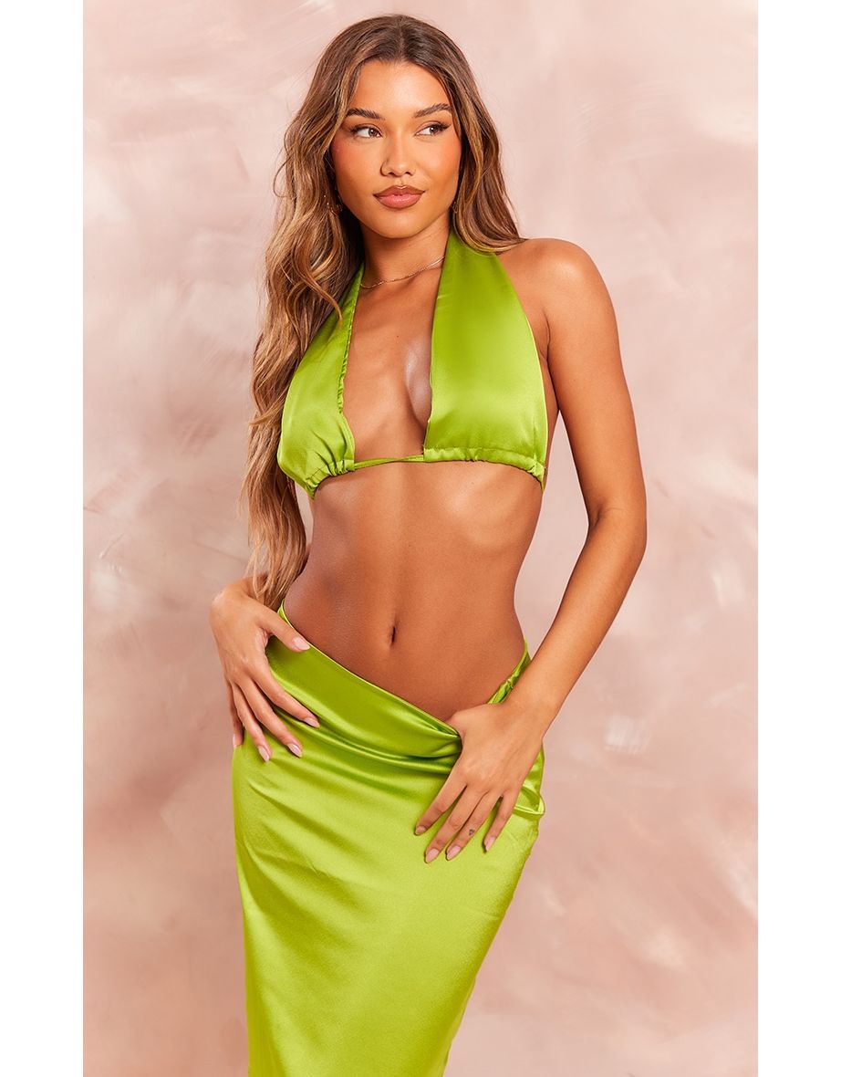 Chartreuse Satin Tie Front Triangle Bralette