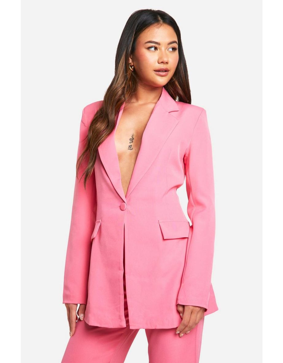 Plunge Front Single Button Fitted Blazer - bright pink