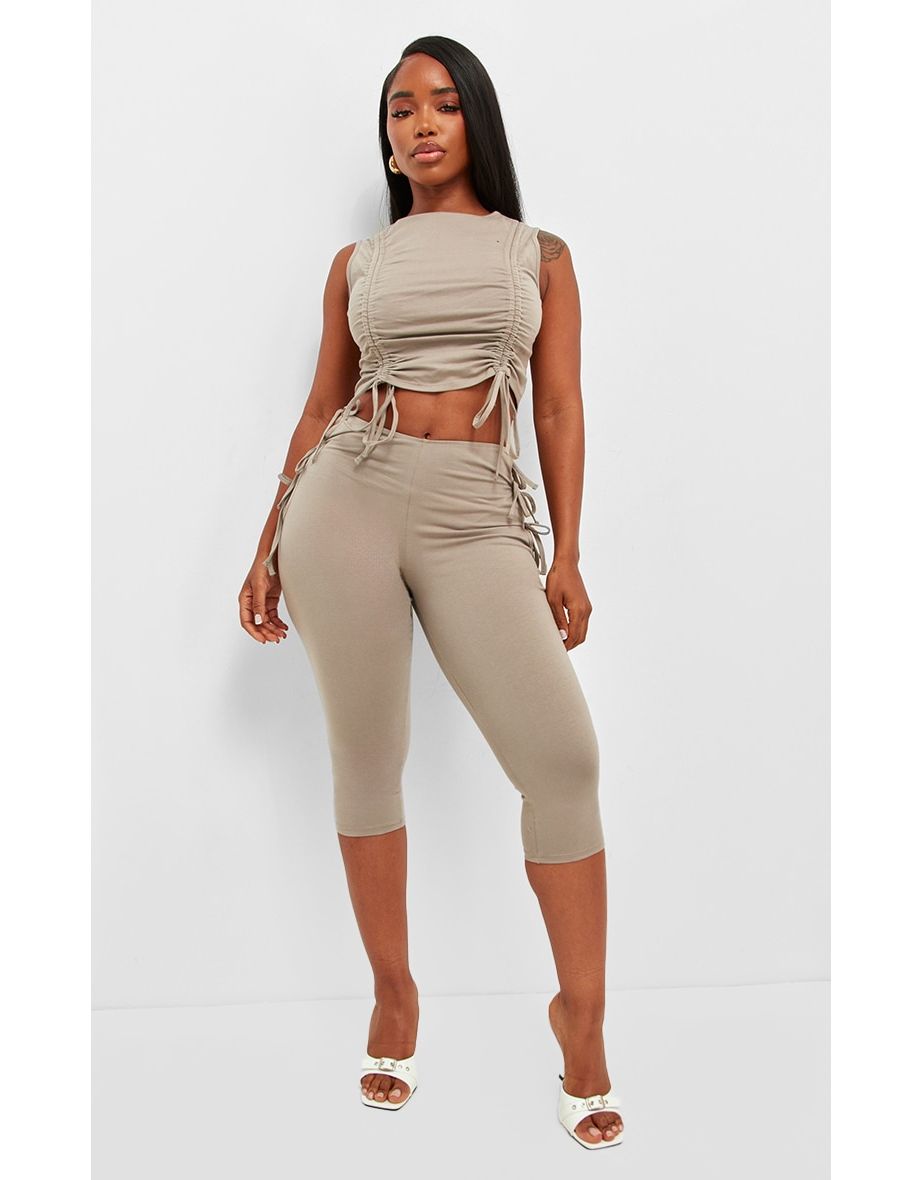 Shop Shape Taupe Cotton Tie Detail Capri Leggings Online in Qatar VogaCloset