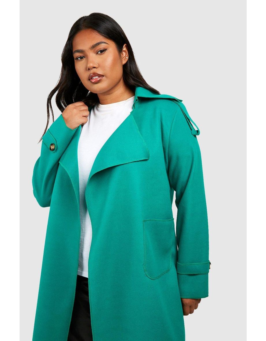 Plus Wool Look Waterfall Trench Detail Coat - green - 3