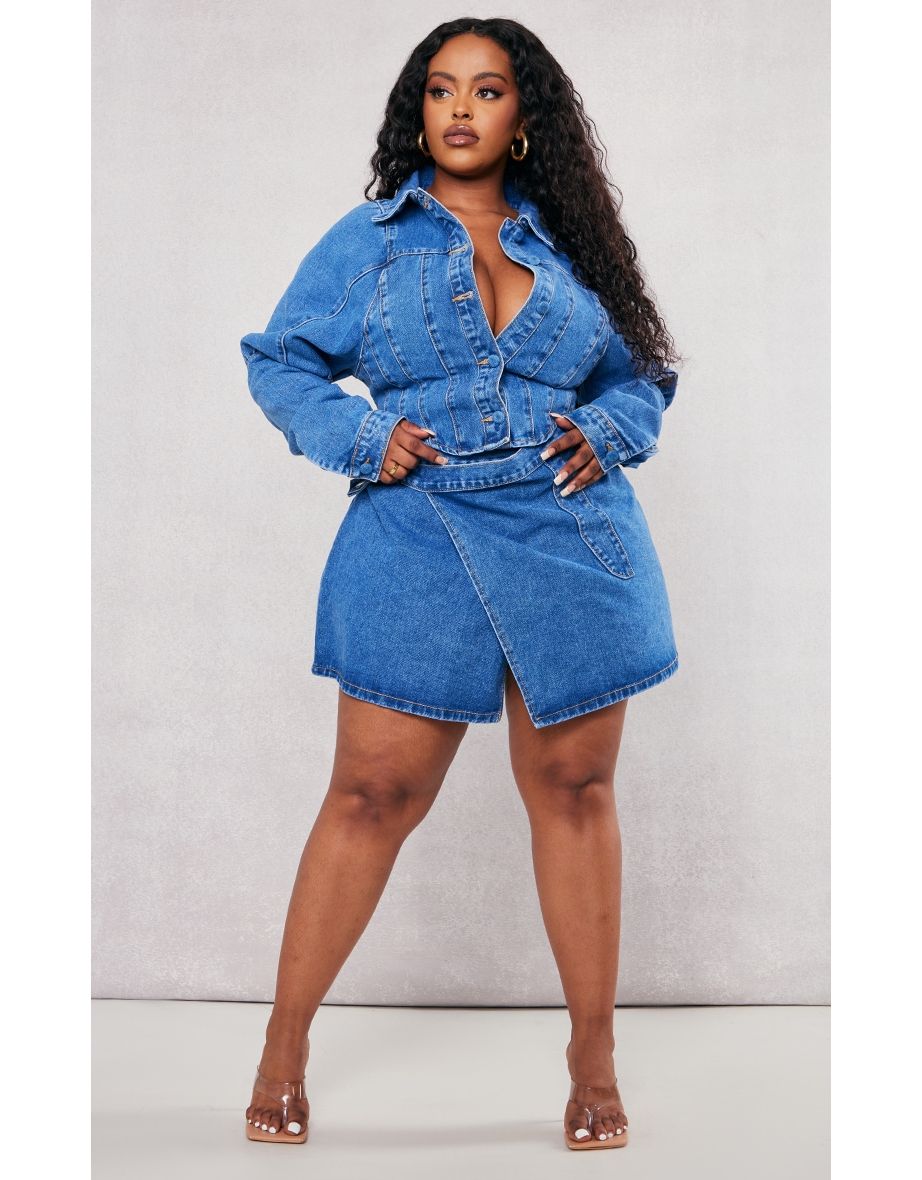 Shop Plus Mid Blue Wash Corset Denim Jacket Online in Bahrain VogaCloset