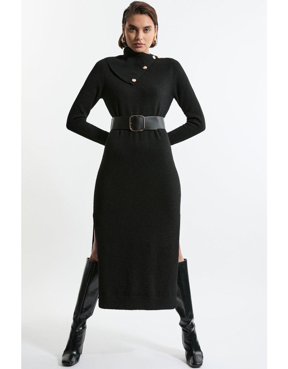Wool Blend Cosy Envelope Belted Knit Maxi Dress