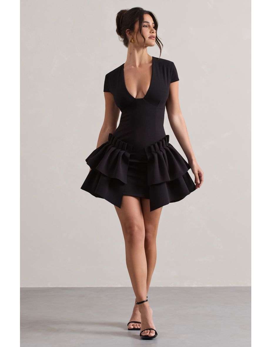 Genevieve | Black Plunge-Neck Mini Dress With Layered Hem