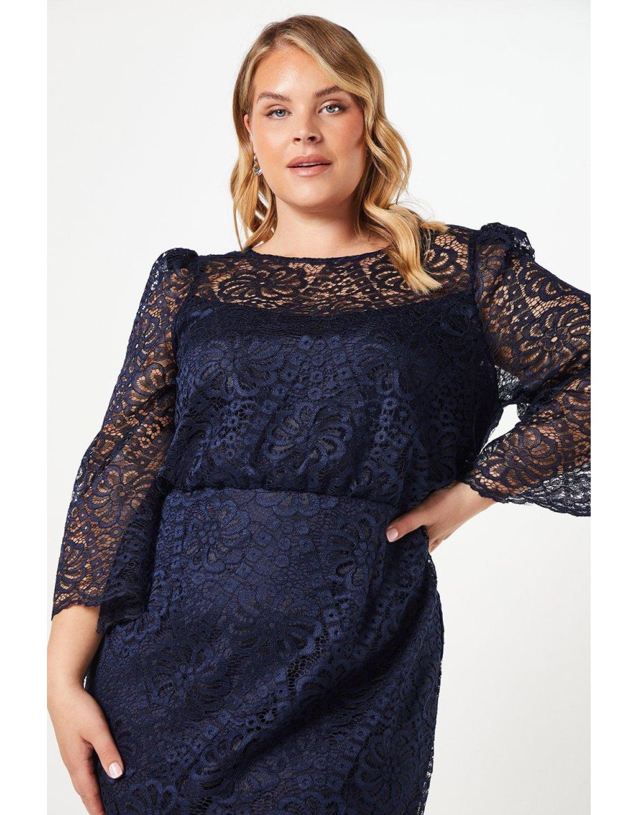 Plus Long Sleeve Stretch Lace Pencil Midi Dress - 3